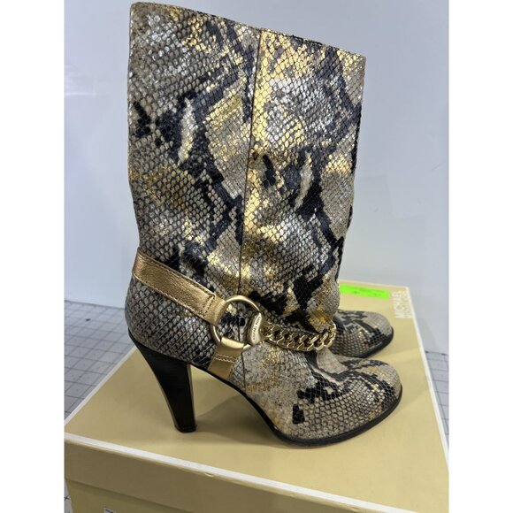 Michael Kors Gold Saratoga Boot Snake Skin Women's Sz. 8.5 Gold Chain Accent - Picture 4 of 13